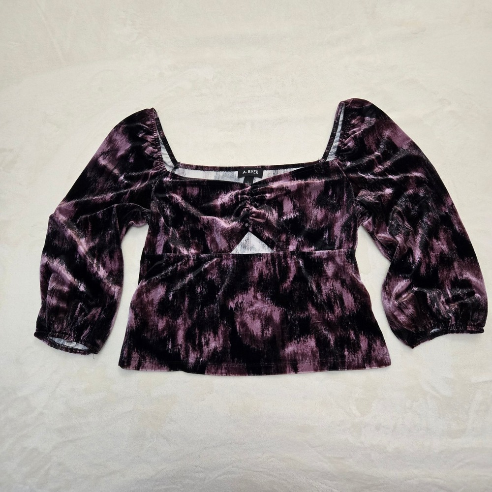 A. Byer Womens Large Purple Black Velvet Tie Dye Ruched Cutout Top Whimsigoth